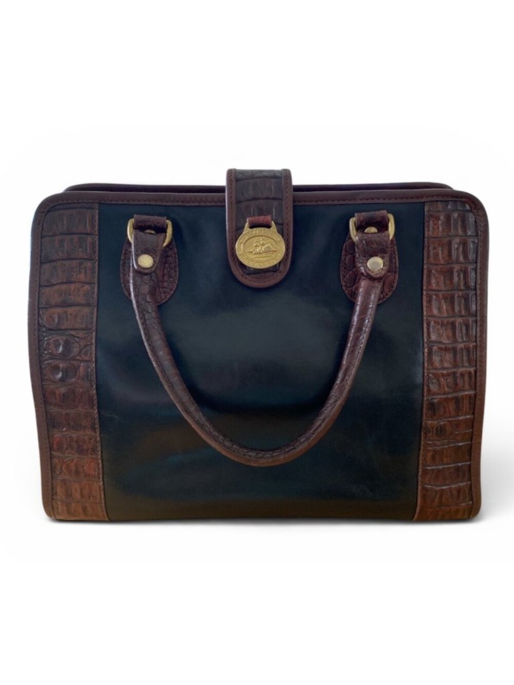 Vtg Brahmin Leather Addison Satchel Crocodile Embossed Black & Brown